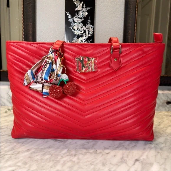 Bagley Mishka Quilted Chevron Tote Bag with Matching Wallet - Red